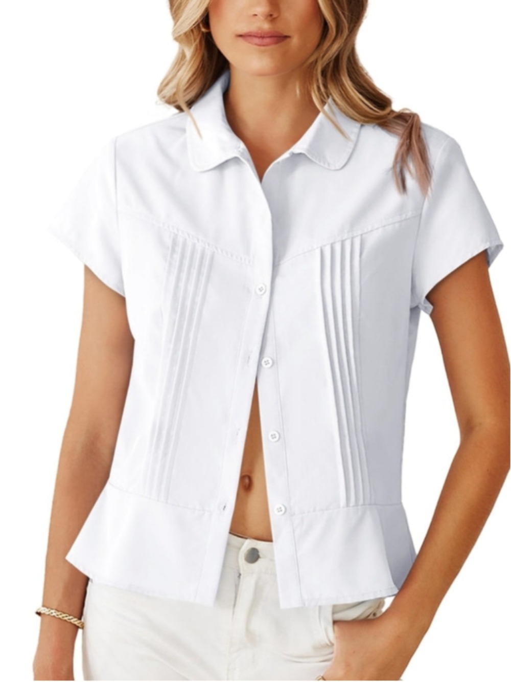Cicy Bell White Button Down Shirt Women's Size Large Short Sleeve Pleat Stripe